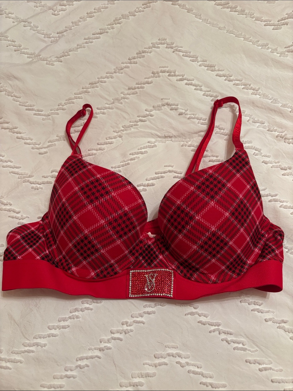 Victoria's Secret Red Plaid Push-Up Bra with Rhinestone Logo